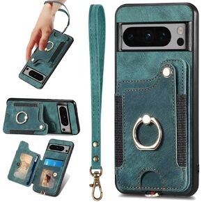 JanCalm for Pixel 8 Case,Card Holder Wallet for Google Pixel 8 Case,Ring Stand,RFID-Blocking,Wrist Strap,Camera Protector,Leather Protective Magnetic Flip Cover (Black, for Pixel 8 6.2 Inches)