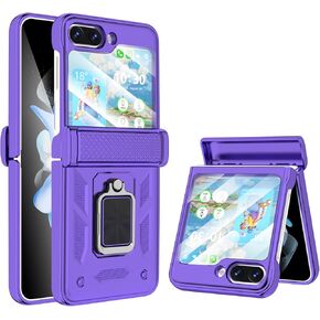 Galaxy Z Flip 5 Case with Hinge Protection Back Screen Protector Shockproof Z Flip 5 Case Ring Kickstand for Samsung Flip Z 5G Case - Black