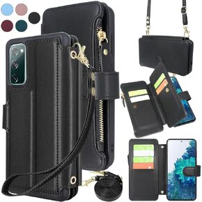 Harryshell [Card Slots with [Block Theft Card Scanning] Function, PU Leather Flip Wallet Case Cover with Zipper Pocket Wrist Strap Kickstand for Samsung Galaxy S20 FE 5G (2020) (Crossbody Wine Red)