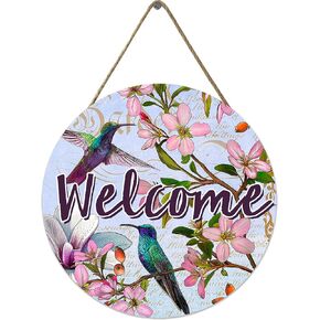 Welcome Spring Hummingbird Sign Front Door Decor, Flowers Wooden Door Hooks Outdoor Porch, Seasonal Summer Farmhouse Wooden Wreath Indoor Wall Decor 12x12 inch, Polychrome