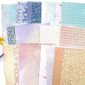 Anvin 30 Pcs Scrapbook Paper Textured Paper 5x7 Inch Craft Paper Fabric Mesh Paper Mulberry Special Handmade Paper Bulk for Scrapbooking, Junk Journal, Art Journaling, Card Making, DIY (Blue, Beige)