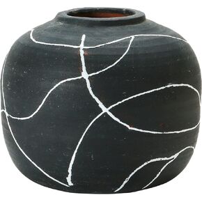 Creative Co-Op Round Decorative Terra-cotta Vase with Hand-painted Intersecting Lines, Black and White