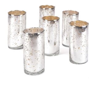 Serene Spaces Living Set of 6 Antique Silver Cylinder Vases, Vintage-Style Handmade Mercury Glass Finish for Weddings, Parties, Events, Measures 4" Tall and 2" Diameter