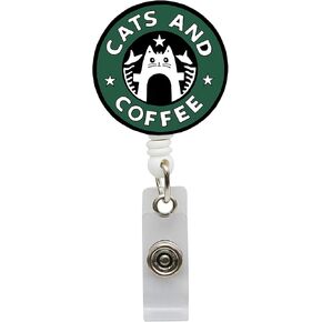 Cats and Coffee Nurse ID Badge Reel - RN Retractable Holder with Alligator Clip for Hospitals Doctors and Office Staff
