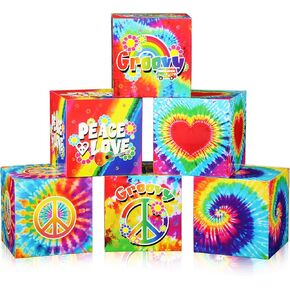 6 Pcs Large 60's Party Decorations Boxes, 12 Inch Hippie Groovy Cardboard Box Backdrop Tie Dye Party Decor Props Boxes for Hippie Groovy Theme and Tie Dye Party Decorations Centerpieces