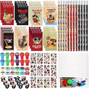 Seajan 96 Pcs Pirate Party Favors Captain Pirate Notepads Pencils Stickers Stampers Rings Sharpeners Tattoo Stickers School Stationery Kit for Classroom Prizes Birthday Party Gift Decoration Supplies
