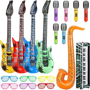 Inflatable Rock Star Toy Set,18 Pack Inflatable Music Instruments Party Props-4 Inflatable Guitar,6 Microphones,1 Piano,1 Saxophone,6 Shutter Shading Glasses,Rock and Roll Party Decoration