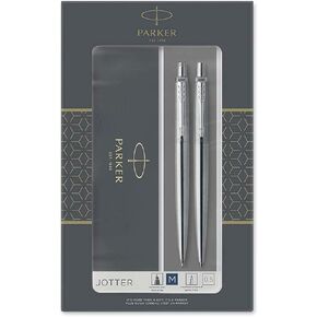 Parker Jotter Duo Gift Set with Ballpoint Pen & Mechanical Pencil (0.5mm) | Stainless Steel with Chrome Trim | Blue Ink Refill