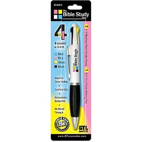 G.T. Luscombe Bible Study, 4-Colors-In-1, Blue, Pink, Yellow, Black, Color Coding, No Bleed, Retractable, Cushion Grip, Ballpoints, 1.0 Medium Point Underliner, 0.5 Fine Point Writing Pen