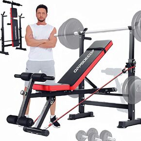 OPPSDECOR Adjustable Weight Bench Set with Squat Barbell Rack,Removable Foot Bracket, 600lbs 6 in 1 Weight Bench, Foldable Workout Bench for Full Body Exercise Home Gym MTY-1318 Bench Press