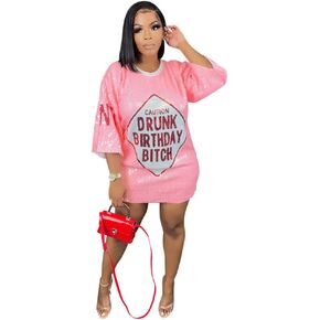 Half Sleeve Dress Loose O Neck Printed Sequins Mini Dress Casual Sexy Nightclub Party T-Shirts Dress (S-2XL)