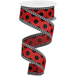 Craig Bachman 1.5" Medium Polka Dots Gingham Edge in Red & Black (10 Yards) - Durable Wired Edge for Effortless Crafting, Ideal for Floral Arrangements, Gift Wrapping and Versatile Decorating Needs