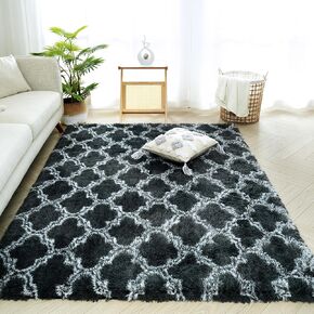 Area Rug 8x10 Feet High Pile Boho Area Rug Thickened Non-Slip Backing Shaggy Fluffy Rugs for Indoor Floor Carpet for Bedroom Living Room Dorm Office Kids Dark White