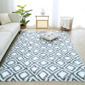 Area Rug 8x10 Feet High Pile Boho Area Rug Thickened Non-Slip Backing Shaggy Fluffy Rugs for Indoor Floor Carpet for Bedroom Living Room Dorm Office Kids Dark White