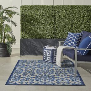 Nourison Aloha Indoor/Outdoor Ivory Blue 7'10" x 10'6" Area -Rug, Transitional, French Country, Easy -Cleaning, Non Shedding, Bed Room, Kitchen, Living Room, Deck, Backyard, (8' x 11')