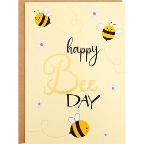 Birthday Card - Single Happy Bee Day Birthday Greeting Card For Bee Themed Party - Gold Foil Bees and Lettering on Yellow Textured Paper with Kraft Envelope - 5" x 7" - Blank Inside