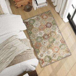 3×5 Machine Washable Rug for Living Room, Boho Vintage 3×5 Area Rug， Distressed Accent Low Pile Ultra Soft Carpet for Bedroom Bathroom Dining Room Entryway, Floral/Green