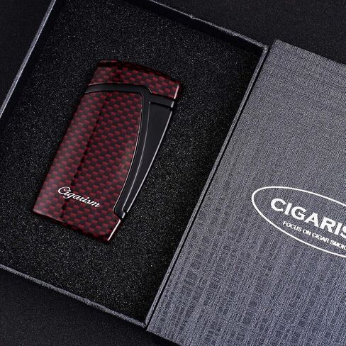 Carbon Fiber Style Cigar Lighter, Double Torch Jet Flame W/Cigar Punch (Black) in Saudi Arabia