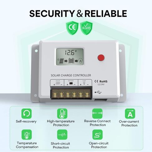 Solar Charge Controller 10A, Bateria Power 12V/24V PWM Solar Controller with LCD Display Dual USB Multiple Load Control Modes for AGM, Gel, Flooded and Lithium Battery, Used in RVs, Boats, Yachts in Saudi Arabia