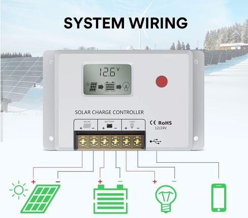 Solar Charge Controller 10A, Bateria Power 12V/24V PWM Solar Controller with LCD Display Dual USB Multiple Load Control Modes for AGM, Gel, Flooded and Lithium Battery, Used in RVs, Boats, Yachts in Saudi Arabia