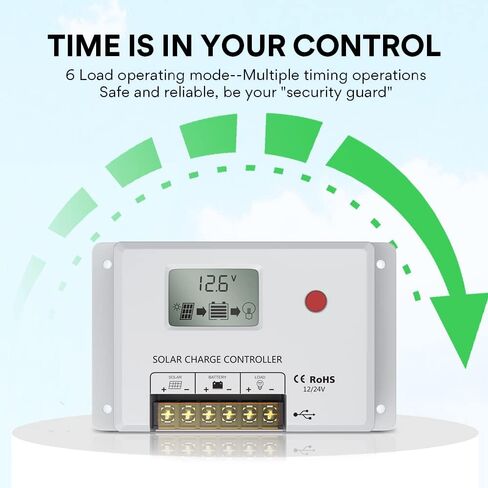 Solar Charge Controller 10A, Bateria Power 12V/24V PWM Solar Controller with LCD Display Dual USB Multiple Load Control Modes for AGM, Gel, Flooded and Lithium Battery, Used in RVs, Boats, Yachts in Saudi Arabia