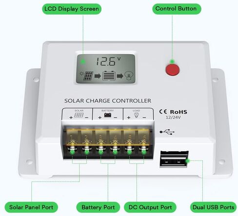Solar Charge Controller 10A, Bateria Power 12V/24V PWM Solar Controller with LCD Display Dual USB Multiple Load Control Modes for AGM, Gel, Flooded and Lithium Battery, Used in RVs, Boats, Yachts in Saudi Arabia