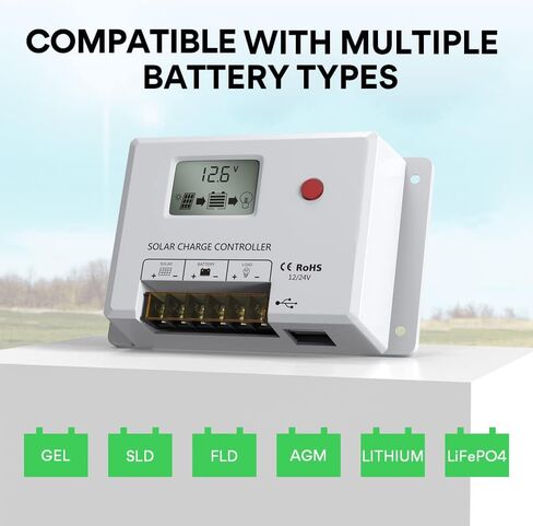 Solar Charge Controller 10A, Bateria Power 12V/24V PWM Solar Controller with LCD Display Dual USB Multiple Load Control Modes for AGM, Gel, Flooded and Lithium Battery, Used in RVs, Boats, Yachts in Saudi Arabia