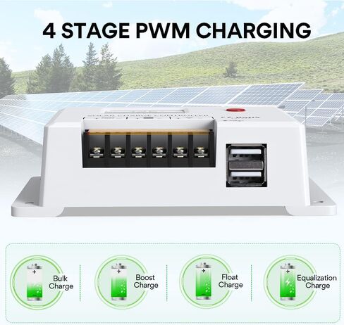 Solar Charge Controller 10A, Bateria Power 12V/24V PWM Solar Controller with LCD Display Dual USB Multiple Load Control Modes for AGM, Gel, Flooded and Lithium Battery, Used in RVs, Boats, Yachts in Saudi Arabia