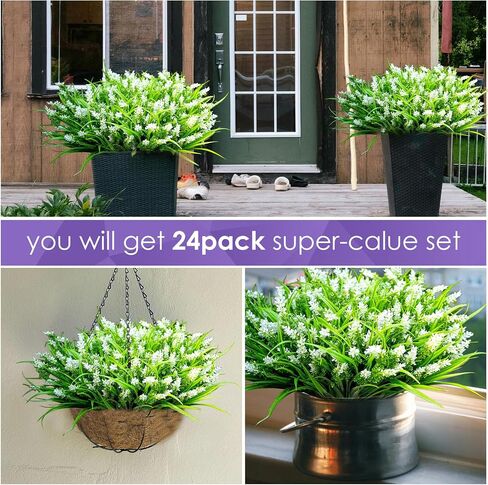 Artificial Fake Plants Flowers for Outdoor Decoration,24 Bundles Plastic Lavender Faux Flowers UV Resistant for Home Garden Planter Porch Patio Yard Decor (White) in Saudi Arabia