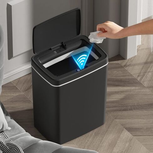 سلة مهملات الحمام Sooyee مع غطاء سلة قمامة أوتوماتيكية، سلة مهملات ذكية سعة 3.7 جالون، سلة مهملات بلاستيكية سعة 14 لتر، سلة مهملات بدون لمس للمطبخ، المكتب، غرفة النوم، الحمام، غرفة المعيشة، أسود in Kuwait