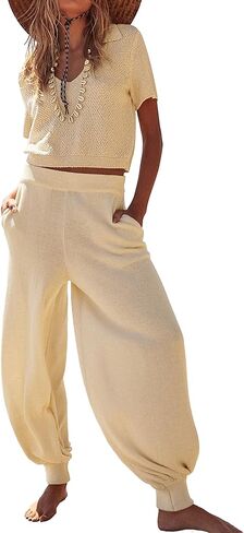 Lingswallow مجموعات سترة قطعتين للنساء - كنزة صوفية متماسكة والسراويل عالية الخصر صالة مجموعات ملابس النساء in Kuwait