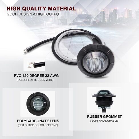 TMH 100 Pcs 3/4 Inch Smoked Lens White Light 3 LED Clearance Markers Side Marker Indicator Lights Mini Round Front Rear with Grommet for Truck Trailer Lorry Bus 12V DC in Kuwait