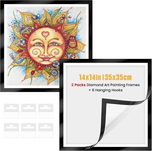 MXJSUA 2 Pack Diamond Art Painting Frames for 14x14 inch/35x35 cm Diamond Art Painting Canvas, Magnetic Self-Adhesive Diamond Art Frames with Hooks for Diamond Art Painting Wall Displays, Black in Saudi Arabia