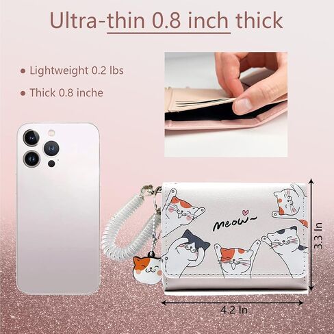 Small Womens Wallet, Cute Cat Tri-Folded Girls Wallet Slim Kawaii Wallet for Teens, Fashion Small Wrist Wallet with Cash Pocket Card Holder ID Window (Cat Blue) in Saudi Arabia