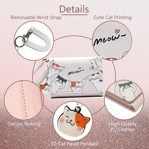 Small Womens Wallet, Cute Cat Tri-Folded Girls Wallet Slim Kawaii Wallet for Teens, Fashion Small Wrist Wallet with Cash Pocket Card Holder ID Window (Cat Blue) in Saudi Arabia