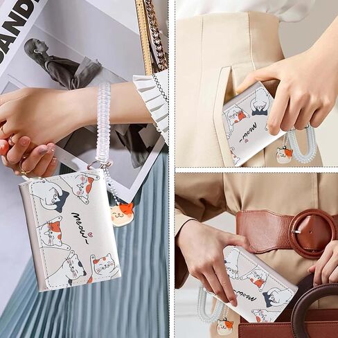 Small Womens Wallet, Cute Cat Tri-Folded Girls Wallet Slim Kawaii Wallet for Teens, Fashion Small Wrist Wallet with Cash Pocket Card Holder ID Window (Cat Blue) in Saudi Arabia