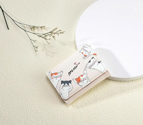 Small Womens Wallet, Cute Cat Tri-Folded Girls Wallet Slim Kawaii Wallet for Teens, Fashion Small Wrist Wallet with Cash Pocket Card Holder ID Window (Cat Blue) in Saudi Arabia