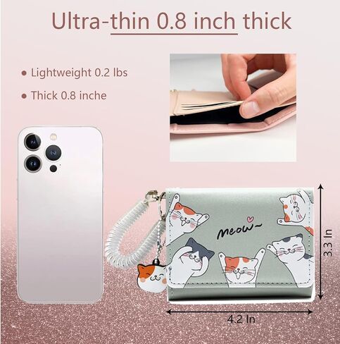Small Womens Wallet, Cute Cat Tri-Folded Girls Wallet Slim Kawaii Wallet for Teens, Fashion Small Wrist Wallet with Cash Pocket Card Holder ID Window (Cat Blue) in Saudi Arabia