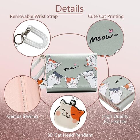 Small Womens Wallet, Cute Cat Tri-Folded Girls Wallet Slim Kawaii Wallet for Teens, Fashion Small Wrist Wallet with Cash Pocket Card Holder ID Window (Cat Blue) in Saudi Arabia