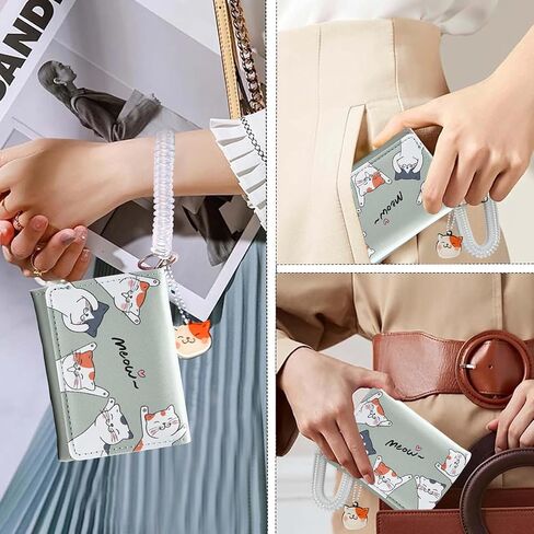 Small Womens Wallet, Cute Cat Tri-Folded Girls Wallet Slim Kawaii Wallet for Teens, Fashion Small Wrist Wallet with Cash Pocket Card Holder ID Window (Cat Blue) in Saudi Arabia