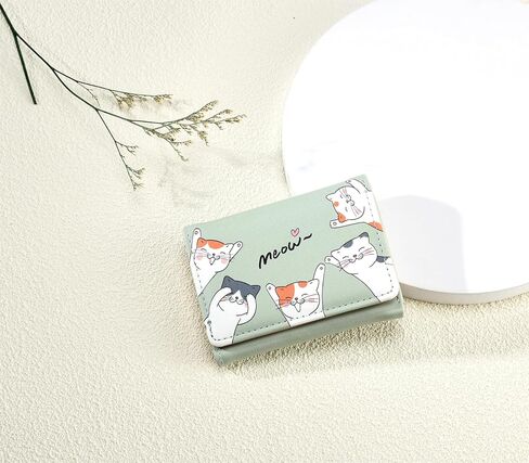 Small Womens Wallet, Cute Cat Tri-Folded Girls Wallet Slim Kawaii Wallet for Teens, Fashion Small Wrist Wallet with Cash Pocket Card Holder ID Window (Cat Blue) in Saudi Arabia