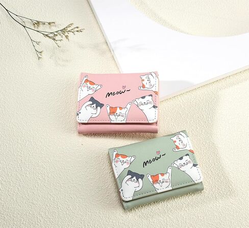 Small Womens Wallet, Cute Cat Tri-Folded Girls Wallet Slim Kawaii Wallet for Teens, Fashion Small Wrist Wallet with Cash Pocket Card Holder ID Window (Cat Blue) in Saudi Arabia
