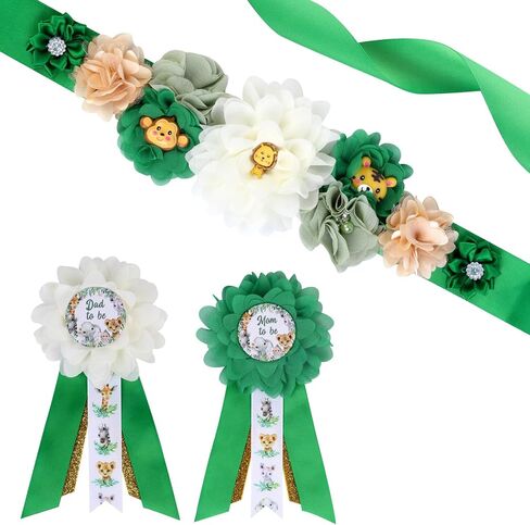 JOYMEMO Greenery Jungle Animals Baby Shower Maternity Sash Kit - Sage Green Safari Baby Shower Belly Belt and Mom to Be & Dad to Be Corsage Pins, Pregnancy New Parents Photo Props Party Supplies in Saudi Arabia