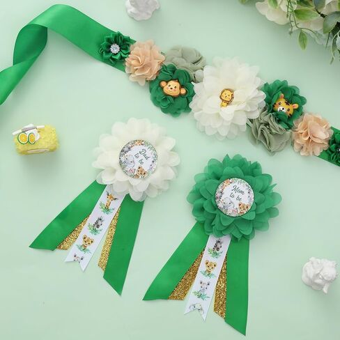JOYMEMO Greenery Jungle Animals Baby Shower Maternity Sash Kit - Sage Green Safari Baby Shower Belly Belt and Mom to Be & Dad to Be Corsage Pins, Pregnancy New Parents Photo Props Party Supplies in Saudi Arabia