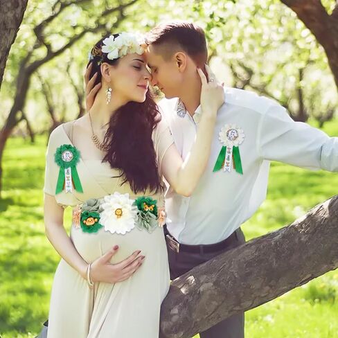 JOYMEMO Greenery Jungle Animals Baby Shower Maternity Sash Kit - Sage Green Safari Baby Shower Belly Belt and Mom to Be & Dad to Be Corsage Pins, Pregnancy New Parents Photo Props Party Supplies in Saudi Arabia