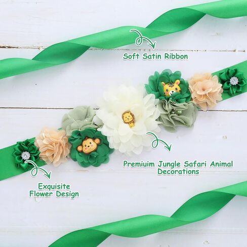 JOYMEMO Greenery Jungle Animals Baby Shower Maternity Sash Kit - Sage Green Safari Baby Shower Belly Belt and Mom to Be & Dad to Be Corsage Pins, Pregnancy New Parents Photo Props Party Supplies in Saudi Arabia