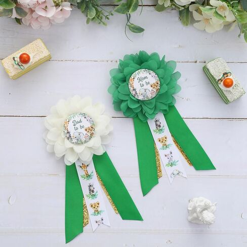 JOYMEMO Greenery Jungle Animals Baby Shower Maternity Sash Kit - Sage Green Safari Baby Shower Belly Belt and Mom to Be & Dad to Be Corsage Pins, Pregnancy New Parents Photo Props Party Supplies in Saudi Arabia