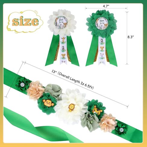 JOYMEMO Greenery Jungle Animals Baby Shower Maternity Sash Kit - Sage Green Safari Baby Shower Belly Belt and Mom to Be & Dad to Be Corsage Pins, Pregnancy New Parents Photo Props Party Supplies in Saudi Arabia