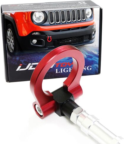 iJDMTOY Red Track Racing Style Tow Hook Ring Compatible with Jeep 2015-up Renegade Latitude, Sport, Limited models (Except Trailhawk), Made of Lightweight Aluminum in Saudi Arabia