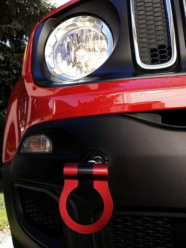 iJDMTOY Red Track Racing Style Tow Hook Ring Compatible with Jeep 2015-up Renegade Latitude, Sport, Limited models (Except Trailhawk), Made of Lightweight Aluminum in Saudi Arabia